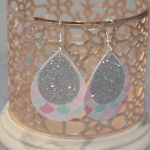 Pink/Mint Mermaid Scale W/ Gold Glitter Teardrop Earrings